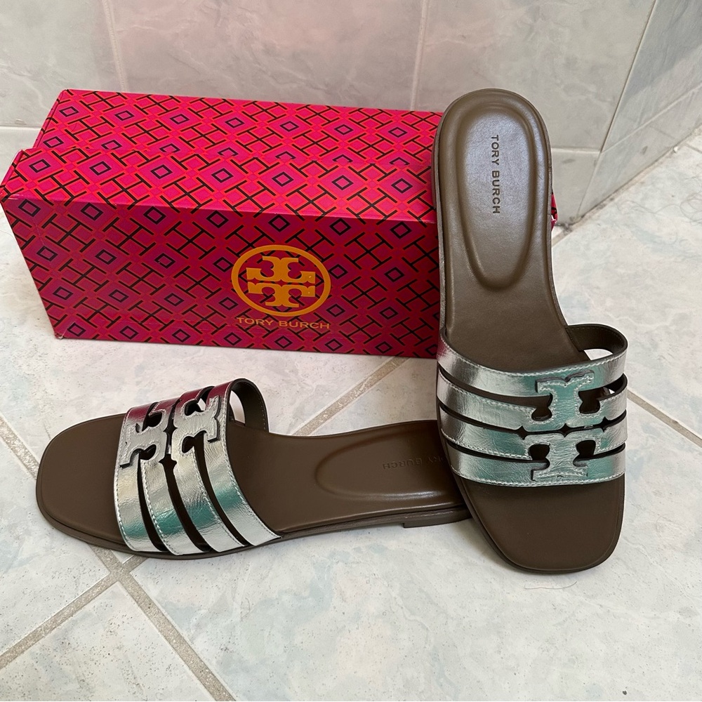 NWT Tory Burch Silver Ines Slide Sandals size 8.5